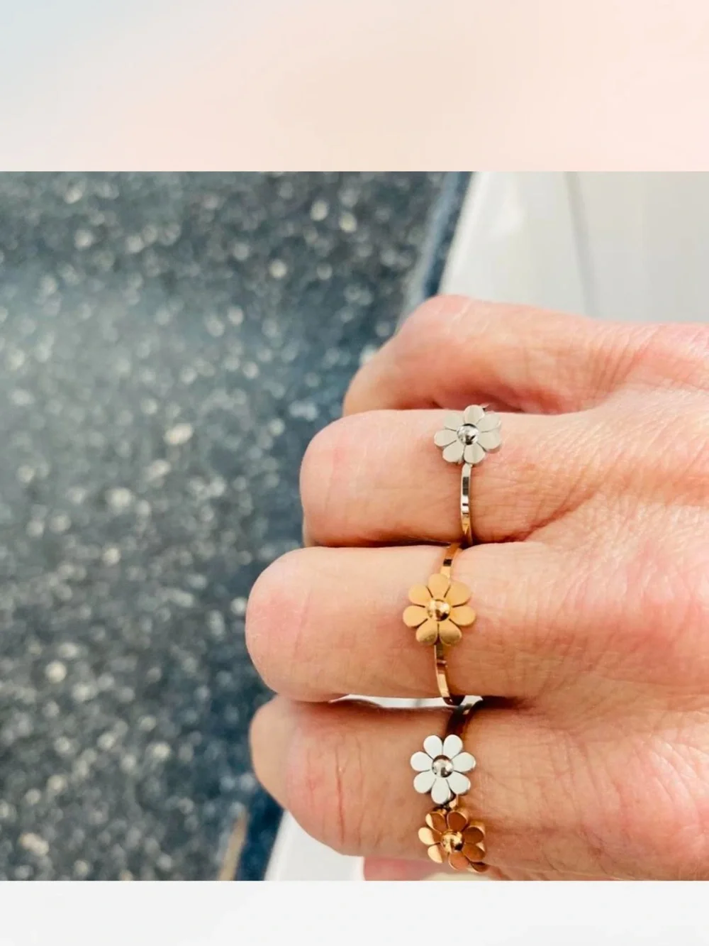 Daisy Flower Stackable Rings - Silver & Rose Gold